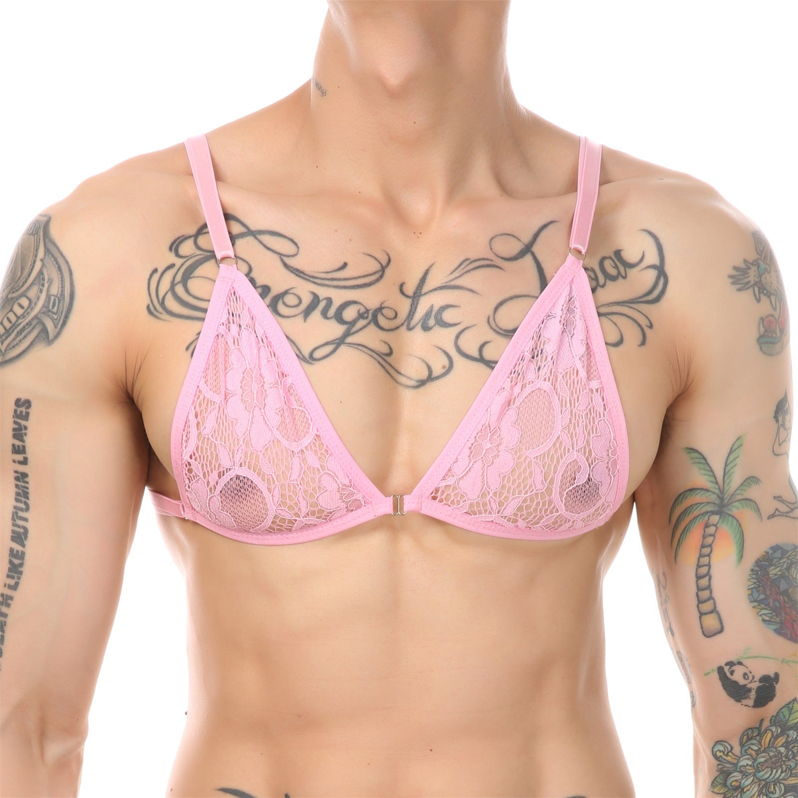 Image of Men's bikini seduction erotic lingerie adjustable three-point lace pseudo-lady bra panty combination